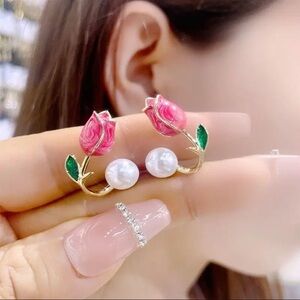 Pink Rose & Pearl Stud Earrings Gold Tone Floral Romantic Elegant NWT